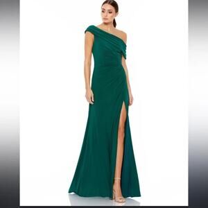 Mac Duggal 2651 FOLD OVER  OFF-THE-SHOULDER SLIT GOWN Emerald Sz 0
